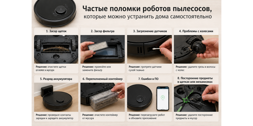 Частые поломки роботов-пылесосов, которые можно устранить дома самостоятельно